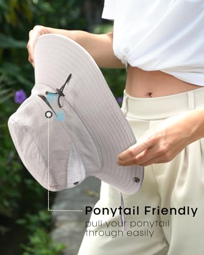Womens Sun Hat with Ponytail Hole Beach Hiking Summer Wide Brim UPF 50+ Outdoor Protection Foldable Bucket Hat Light Grey