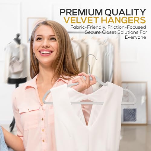 Premium Velvet Hangers 50 Pack Ultra Thin Non Slip Adult Felt Space Saving Suit Hanger for Closet Heavy Duty Coat Pants Jackets Dress Hangers 360° Swivel Hook Hold Upto 10 lbs Silver Birch (50 Count)