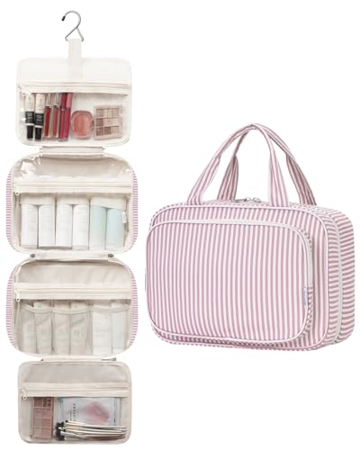 Striped Travel Toiletry Bag for Women Large Hanging Makeup Bag Organizer Toiletries Bag for Full Size Essentials Accessories Cosmetics