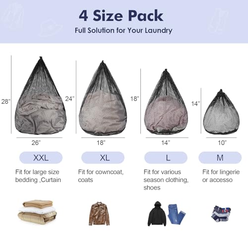 4Pcs Mesh Laundry Bags Washing Machine Mesh Wash Bags Jumbo for Delicates Clothes (4 Count)