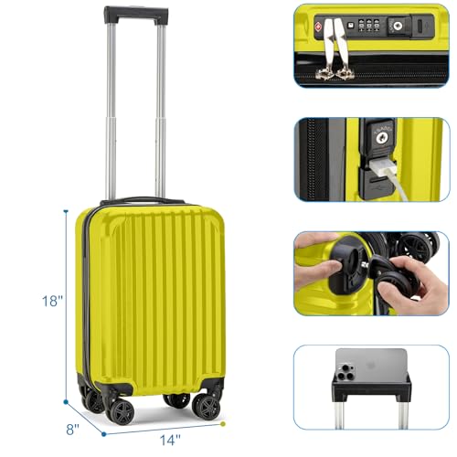 Personal Item Suitcase 18x14x8 Inches Hardside Built In TSA Lock & USB Port Lightweight Luggage With Removable Silent Wheels Underseat Carry