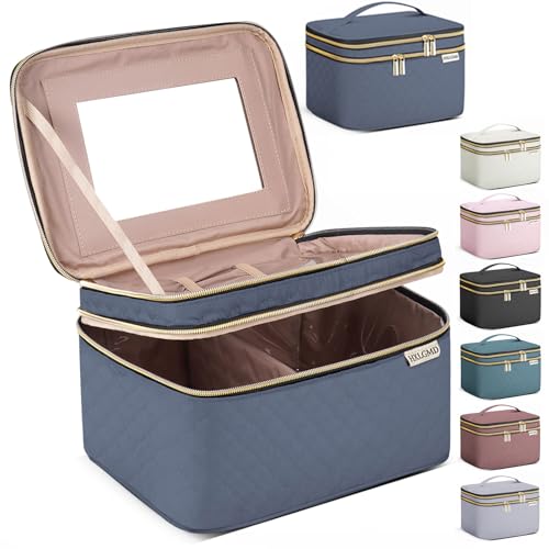 Large Makeup Bag with Mirror Double Layer Travel Make Up Organizer Case