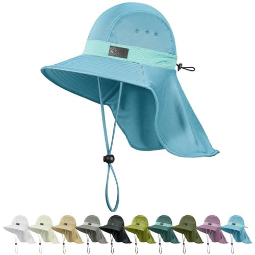 Cooling Sun Hat for Men Women UPF50+ Wide Brim Fishing Hat with Neck Flap Adjustable Foldable Bucket Hat for Hiking Light Blue