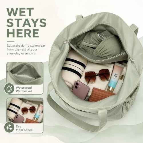 Waterproof Beach Tote Pool Bags for Women Ladies Extra Large Carry On Bag With Wet Compartment for Weekender Travel