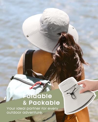 Womens Sun Hat with Ponytail Hole Beach Hiking Summer Wide Brim UPF 50+ Outdoor Protection Foldable Bucket Hat Light Grey
