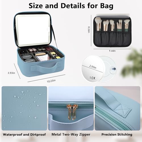 Travel Makeup Bag with LED Mirror and 10x magnifying glass with 3 Lighted Settings