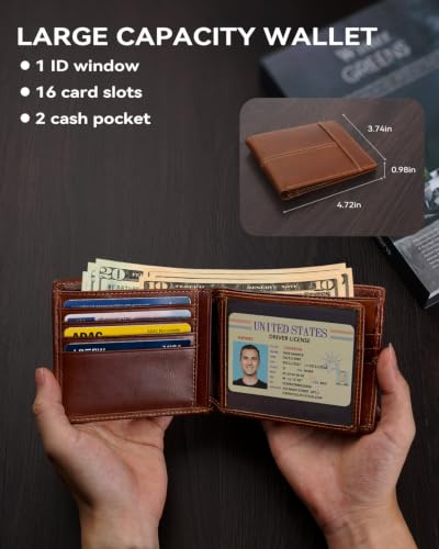 Mens Wallet Rfid Blocking Leather Wallet for Men Bifold Wallets with 1 ID Window 16 Card Slot Brick Red