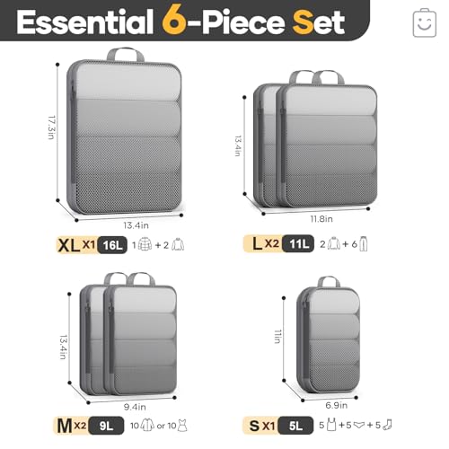 6/9/11 Set Compression Packing Cubes for Travel Essentials,Compressible Expandable Large Luggage Suitcase Organizer Bags for Clothing,Space Saver Bags with Over 1000 pcs of Mesh Holes(Gray) (6 Count)