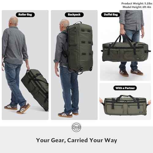45/80/100L U-Zip Rolling Duffel Bag with Wheels, X-Large Durable Travel Duffle + Toiletry Bag, Lay-Flat Opening, Packable w/Shoulder Straps- Use as Luggage or Backpack, Men/Women (Green)