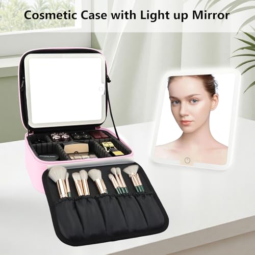 Travel Makeup Bag with LED Mirror Travel Makeup Organizer with 3 Lighted Settings