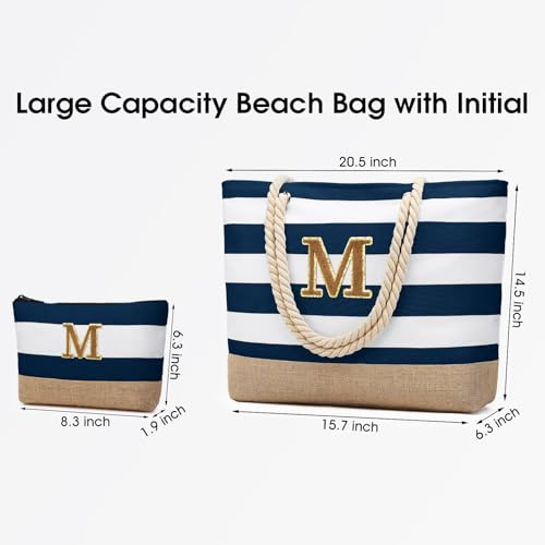 Beach Bag Initial Beach Tote with Makeup Bag for Travel