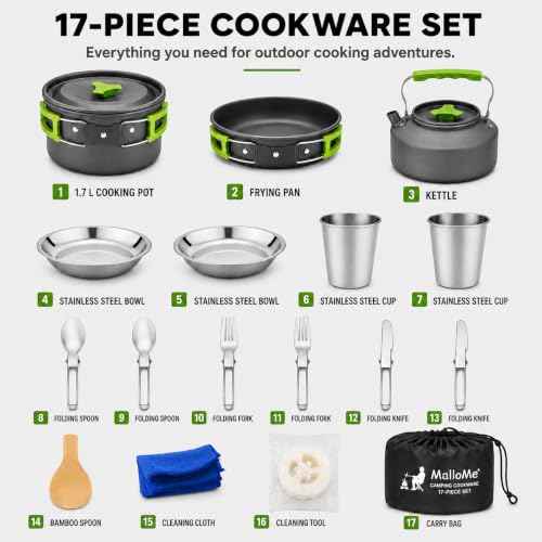 Camping Cookware 17 pcs Mess Kit with 1.1L Kettle for Backpacking Gear (17 Count)