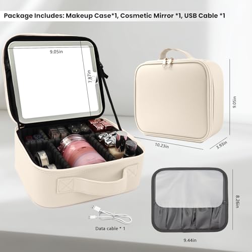 Travel Makeup Bag with LED Mirror and Light Makeup Travel Bag Organizer Portable Cosmetic Brush Organizer Bag with Adjustable Dividers for Cosmetics Makeup Brushes Toiletry