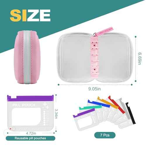 A7 Waterproof Pill Organizer with 7 PCS L Size Zippered Pill Pouches for A7 Binder (7 Count)