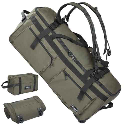 45/80/100L U-Zip Rolling Duffel Bag with Wheels, X-Large Durable Travel Duffle + Toiletry Bag, Lay-Flat Opening, Packable w/Shoulder Straps- Use as Luggage or Backpack, Men/Women (Green)