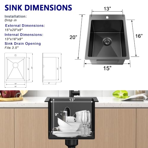 15x20x9 Bar Sink Drop In Black