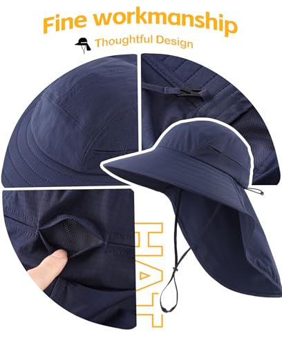 UPF 80+ Sun Hat for Men Women Wide Brim Sun Hat with Neck Flap Summer Safari UV Protection Gardening Fishing Hat Navy Blue