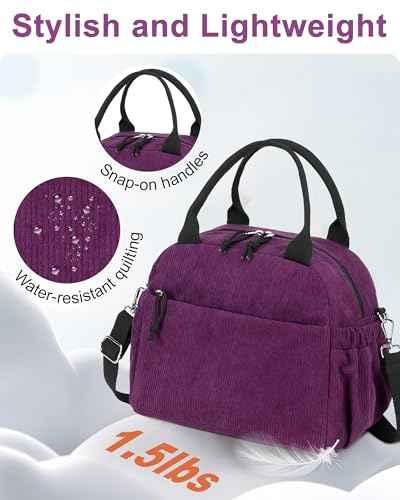 Lunch Bag for Women Cute Corduroy Lunch Tote Bags with Shoulder Strap Reusable Insulated Lunch Box Large Capacity Reusable Insulated Cooler for Work Picnic or Travel