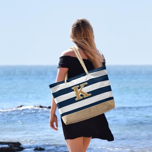 Beach Bag Initial Beach Tote with Makeup Bag for Travel