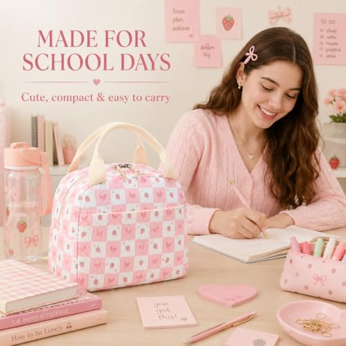 Lunch Bag for Women Cute Corduroy Lunch Tote Bags with Shoulder Strap Reusable Insulated Lunch Box Large Capacity Reusable Insulated Cooler for Work Picnic or Travel
