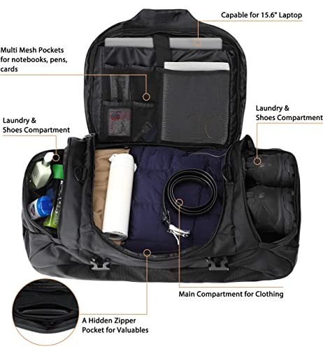 Duffle Backpack Convertible Travel Weekender Gym Bag Black 45L