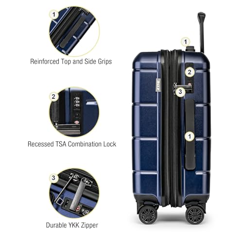 Carry On Luggage 22x14x9 Airline Approved Hardshell 20 Inch Luggage With TSA Lock Carry On Suitcase with Wheels Small Travel Rolling Luggage with Cup Holder for Women Men Navy