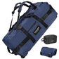 45/80/100L Rolling Duffel Bag with Wheels, Large Durable Travel Duffle + Toiletry Bag, Heavy Duty, Packable, Foldable with Shoulder Straps- Use as Luggage or Backpack, Men/Women (Navy Blue)