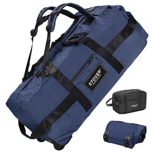 45/80/100L Rolling Duffel Bag with Wheels, Large Durable Travel Duffle + Toiletry Bag, Heavy Duty, Packable, Foldable with Shoulder Straps- Use as Luggage or Backpack, Men/Women (Navy Blue)