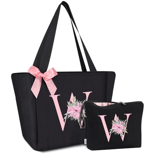 Tote Bag, A-Z Initial Monogrammed Waterproof Tote Bag, Bridesmaid Gifts for Women, Black and Pink (W, Black Set)