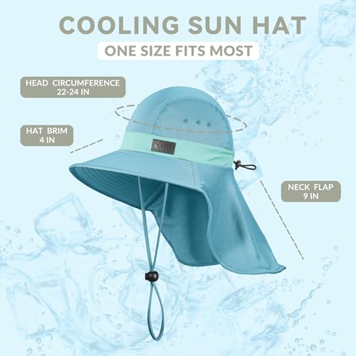 Cooling Sun Hat for Men Women UPF50+ Wide Brim Fishing Hat with Neck Flap Adjustable Foldable Bucket Hat for Hiking Light Blue