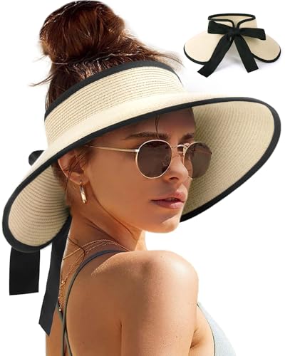 Women's Straw Sun Visor Hat UPF Wide Shade Ponytail Summer Hat