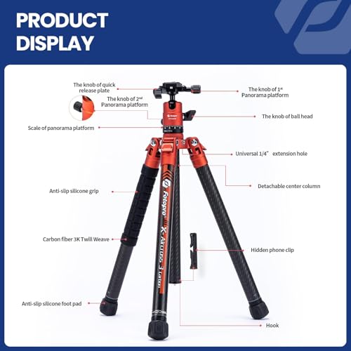 62 Inch Carbon Fiber Tripod for Camera Ultralight Travel Camera Tripod Max Loads Up 22lbs X