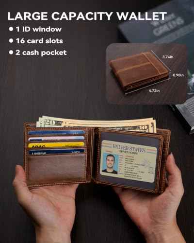 Wallet for Men RFID Blocking Genuine Leather Mens Wallets Bifold with 1 ID Window 15 Card Slots coffee brown