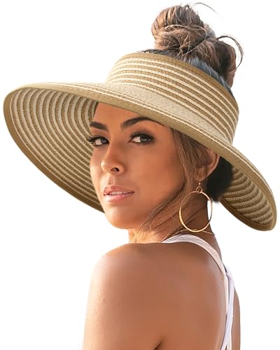Womens Sun Hat with Ponytail Hole Wide Brim Beach Straw Visor