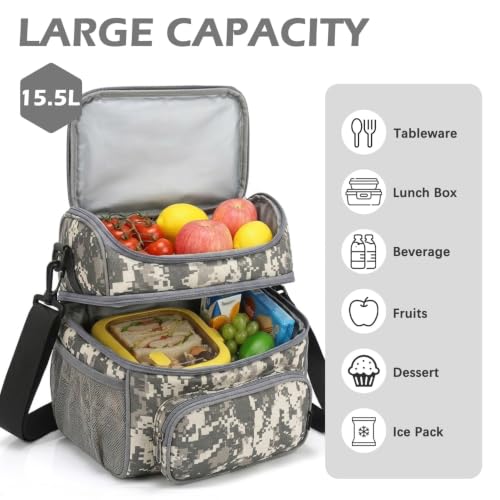 Double Layer Cooler Insulated Lunch Bag Adult Lunch Box Large Tote Bag for Men (Digital Camo)