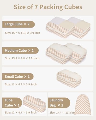 7 Set Checkered Packing Cubes for Travel Carry on Suitcase Luggage Organizer Bags for Kids Women Men