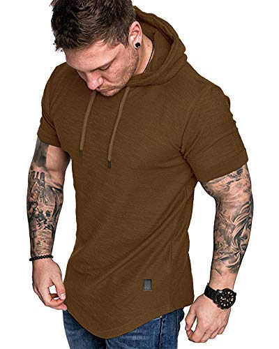 Mens Fashion Hoodies Sport Pullover Solid Color Shirt Workout Lightweight Tops Brown X