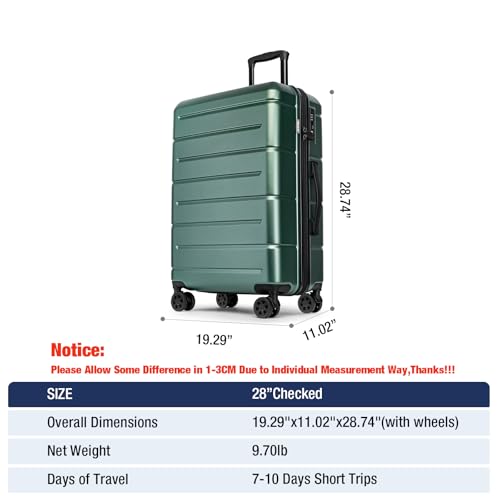 28 Inch Luggage with Wheels Hardshell Large Suitcase Lightweight Big Checked Luggage with TSA Lock Travel Rolling Suitcase for Women Men Green
