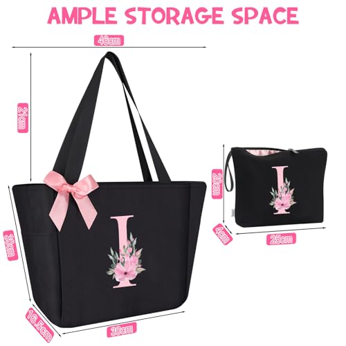 Tote Bag, A-Z Initial Monogrammed Waterproof Tote Bag, Bridesmaid Gifts for Women, Black and Pink (I, Black Set)