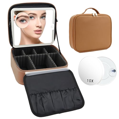 Travel Makeup Bag with LED Mirror and 10x magnifying glass with 3 Lighted Settings