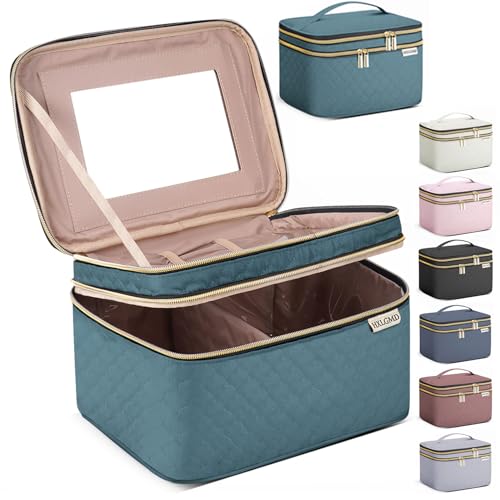 Large Makeup Bag with Mirror Double Layer Travel Make Up Organizer Case