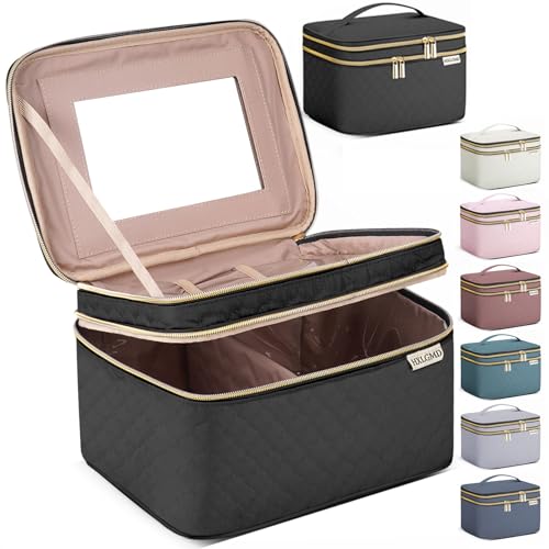 Large Makeup Bag with Mirror Double Layer Travel Make Up Organizer Case