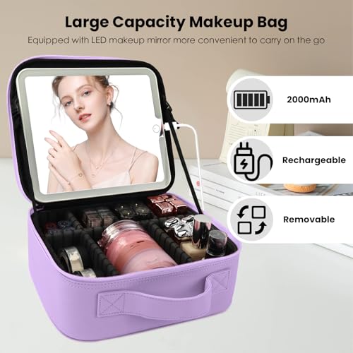 Travel Makeup Bag with LED Mirror and Light Travel Makeup Case Cosmetic Organizer Portable Cosmetic Brush Organizer Bag with Adjustable Dividers for Cosmetics Makeup Brushes Toiletry