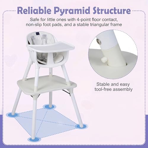 6-in-1 High Chair, Convertible Highchair for Babies and Toddlers/Kids Chair Table Set/Infant Feeding Chair w/Safety Harness, PU Leather Cushion & Removable Food Tray (White)