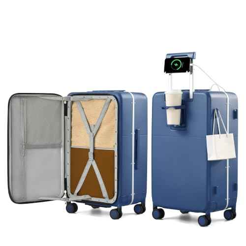 24 Inch Top Opening Checked Luggage with Cup Holder and USB Ports