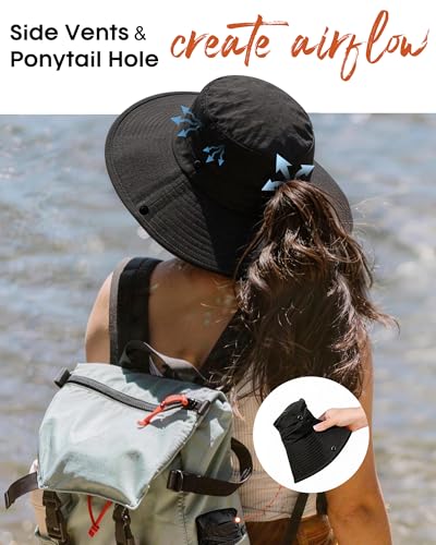 Sun Hats for Women Wide Brim Bucket Hat Ponytail Hole Outdoor UPF