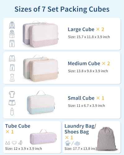 7 Set Striped Packing Cubes for Travel Carry on Suitcase Luggage Organizer Bags for Kids Women Men