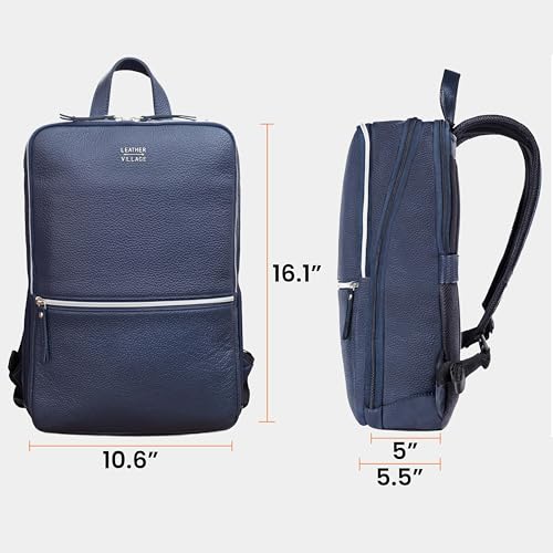 Leather Laptop Backpack for Men with Trolley Strap 16L Blue