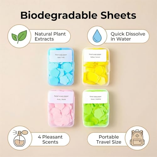 4 Different Scented Mini Fresh Portable Disposable Petal Hand Wash Sheets (4 Count)