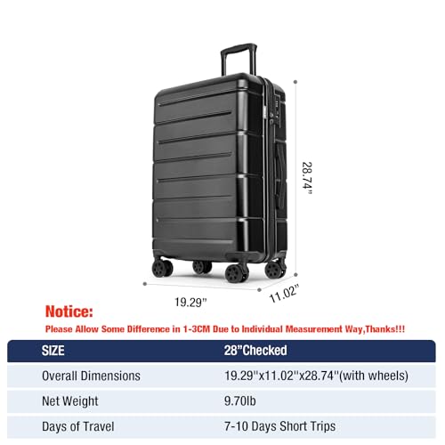 28 Inch Luggage with Wheels Hardshell Large Suitcase Lightweight Big Checked Luggage with TSA Lock Travel Rolling Suitcase for Women Men Black